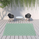 8' x 11' Blue and Ivory Geometric Stain Resistant Indoor Outdoor Area Rug