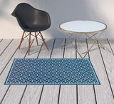 2' X 4' Blue and Ivory Geometric Stain Resistant Indoor Outdoor Area Rug