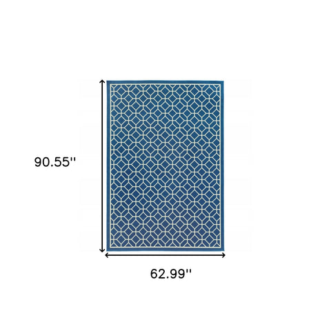 5' x 8' Blue and Ivory Geometric Stain Resistant Indoor Outdoor Area Rug