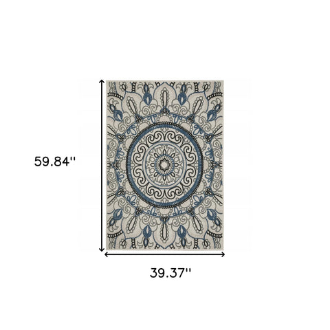 3' X 5' Blue and Beige Geometric Stain Resistant Indoor Outdoor Area Rug