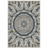 3' X 5' Blue and Beige Geometric Stain Resistant Indoor Outdoor Area Rug