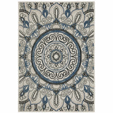 5' x 7' Blue and Beige Geometric Stain Resistant Indoor Outdoor Area Rug