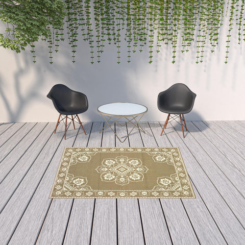 5' x 8' Tan Oriental Stain Resistant Indoor Outdoor Area Rug