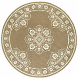 8' x 8' Tan Round Oriental Stain Resistant Indoor Outdoor Area Rug