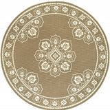 8' x 8' Tan Round Oriental Stain Resistant Indoor Outdoor Area Rug