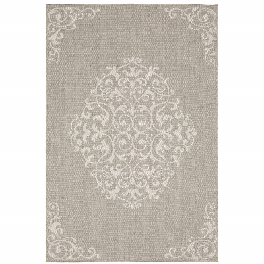 10' x 13' Gray and Ivory Oriental Stain Resistant Indoor Outdoor Area Rug