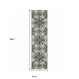 2' X 7' Blue and Beige Oriental Stain Resistant Indoor Outdoor Area Rug