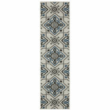 2' X 7' Blue and Beige Oriental Stain Resistant Indoor Outdoor Area Rug