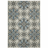 5' x 7' Blue and Beige Oriental Stain Resistant Indoor Outdoor Area Rug