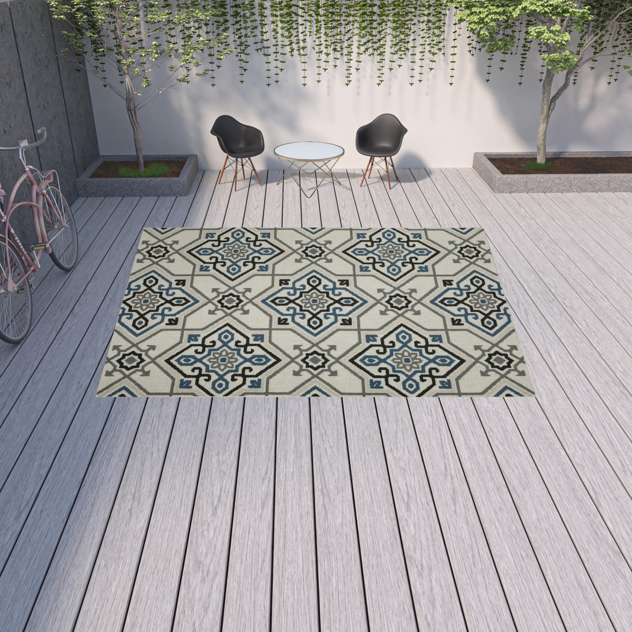 10' x 13' Blue and Beige Oriental Stain Resistant Indoor Outdoor Area Rug