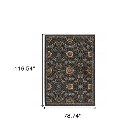 6' X 9' Blue Red Ivory And Gold Oriental Power Loom Stain Resistant Area Rug With Fringe