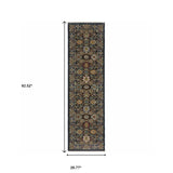2' X 8' Blue And Beige Oriental Power Loom Runner Rug With Fringe
