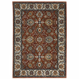3' X 5' Red Blue Ivory Gold And Navy Oriental Power Loom Stain Resistant Area Rug With Fringe