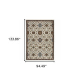 8' X 11' Beige Rust Red Blue Gold And Grey Oriental Power Loom Stain Resistant Area Rug With Fringe