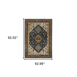 5' X 8' Blue Red Beige Orange Gold And Tan Oriental Power Loom Stain Resistant Area Rug With Fringe