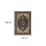 10' X 13' Blue Red Beige Orange Gold And Tan Oriental Power Loom Stain Resistant Area Rug With Fringe