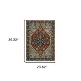 2' X 3' Blue Beige Tan Brown Gold And Rust Red Oriental Power Loom Stain Resistant Area Rug With Fringe