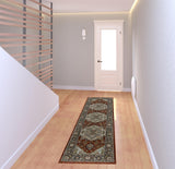 2' X 8' Blue Beige Grey Gold Green And Rust Red Oriental Power Loom Stain Resistant Runner Rug With Fringe