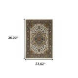 2' X 3' Ivory Beige Blue Orange Gold Green Grey And Rust Oriental Power Loom Stain Resistant Area Rug With Fringe
