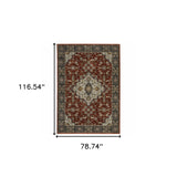 6' X 9' Red Ivory Blue Navy Gold And Grey Oriental Power Loom Stain Resistant Area Rug With Fringe