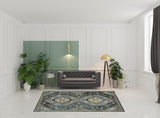 6' X 9' Blue Gold Ivory And Navy Oriental Power Loom Stain Resistant Area Rug With Fringe