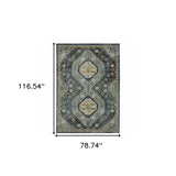 6' X 9' Blue Gold Ivory And Navy Oriental Power Loom Stain Resistant Area Rug With Fringe