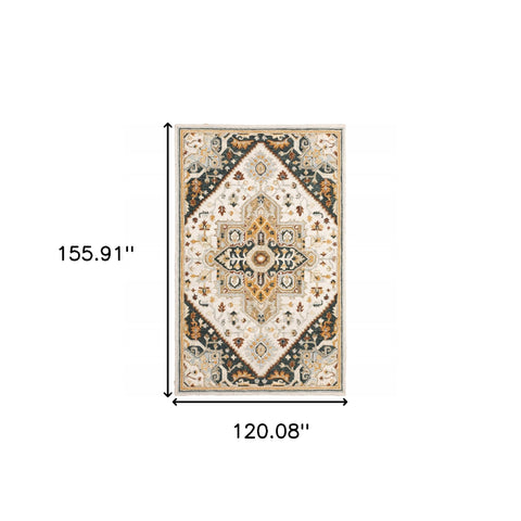 10' X 13' Ivory Charcoal Gold Clay And Muted Blue Oriental Tufted Handmade Stain Resistant Area Rug