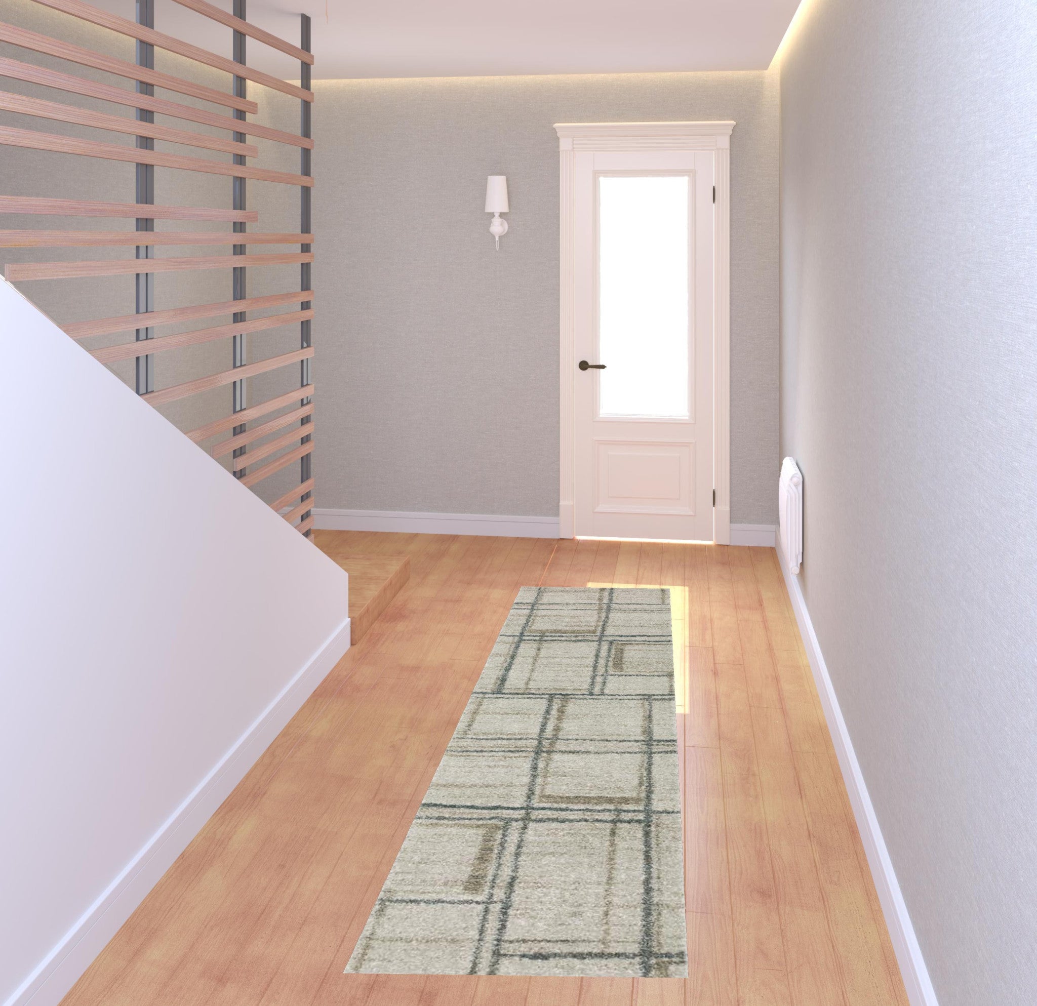 2' X 8' Grey Teal Beige And Tan Geometric Power Loom Stain Resistant Runner Rug
