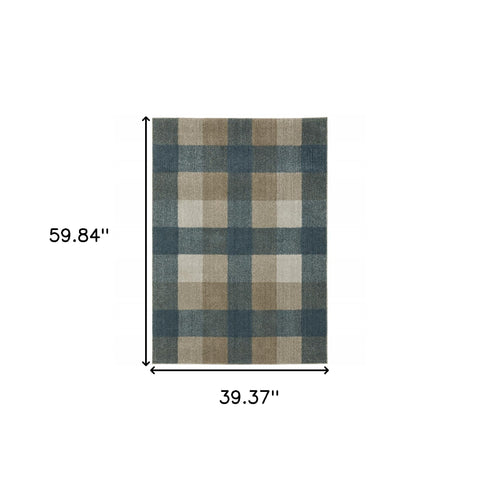 3' X 5' Teal Grey Tan And Beige Geometric Power Loom Stain Resistant Area Rug