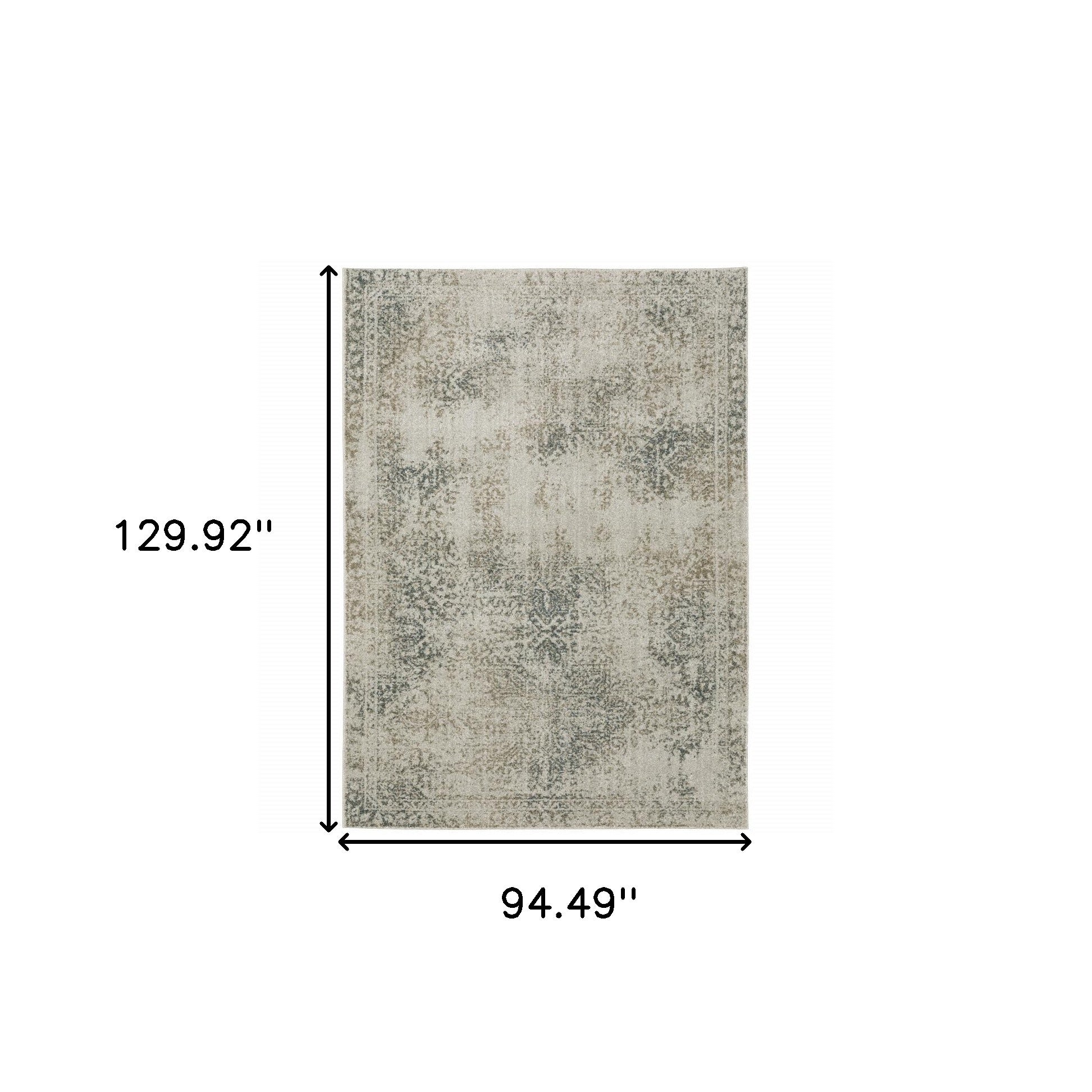 8' X 11' Grey Beige And Teal Oriental Power Loom Stain Resistant Area Rug