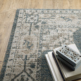 2' X 8' Blue And Beige Oriental Power Loom Stain Resistant Runner Rug
