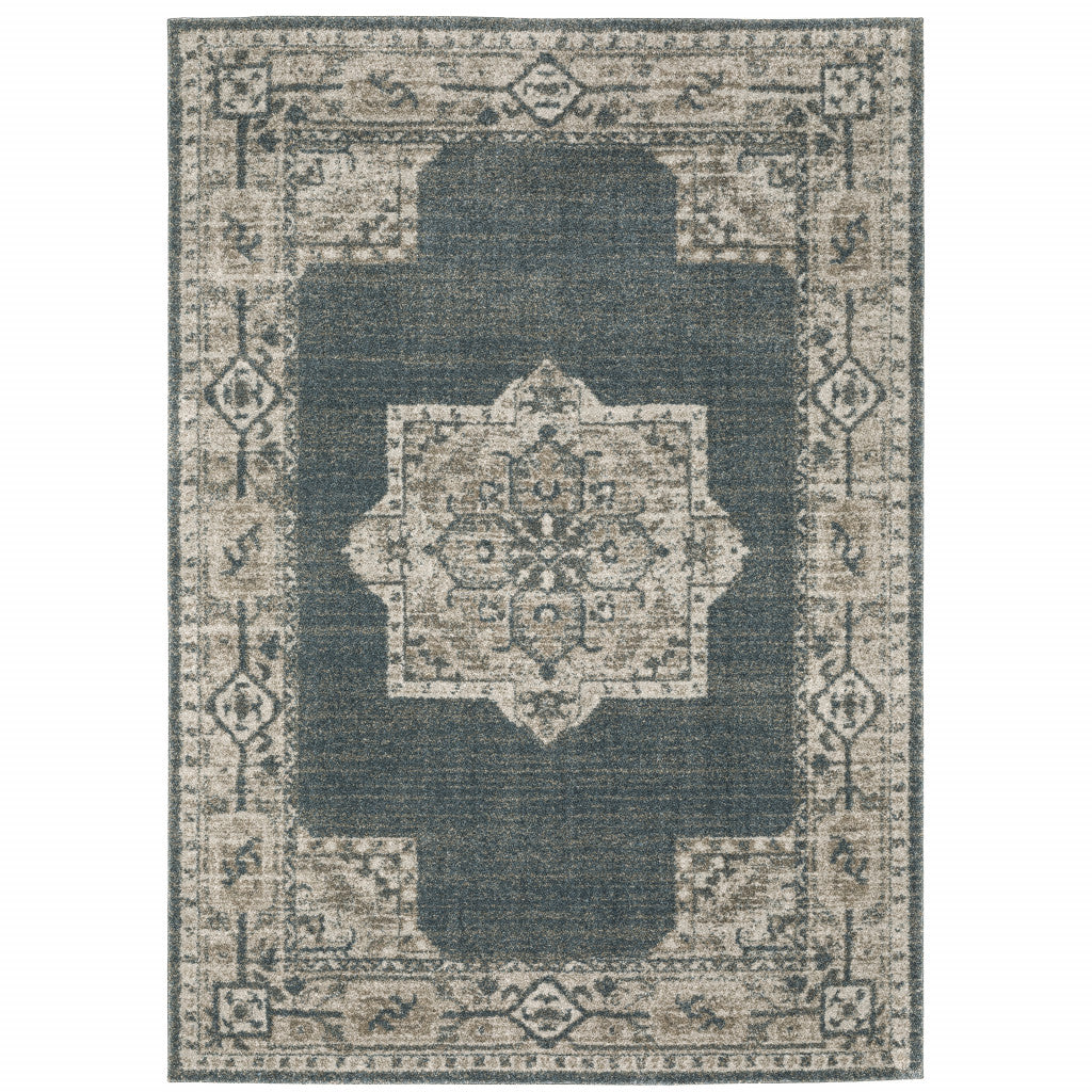 3' X 5' Blue And Beige Oriental Power Loom Stain Resistant Area Rug