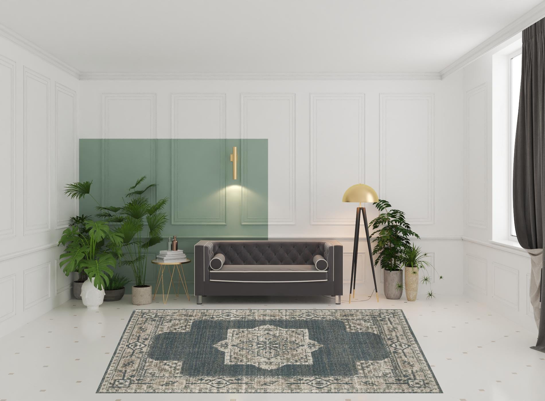 8' X 11' Blue And Beige Oriental Power Loom Stain Resistant Area Rug