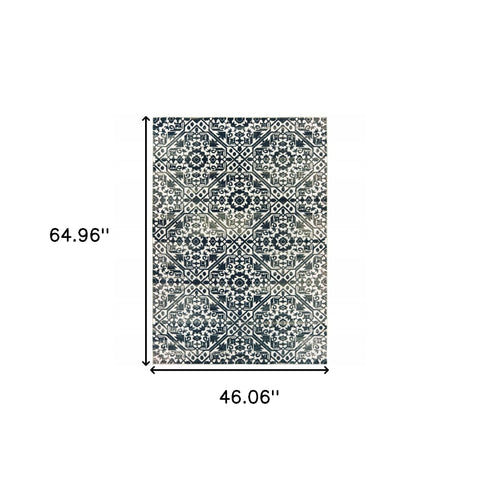 4' X 6' Navy And Ivory Geometric Power Loom Stain Resistant Area Rug