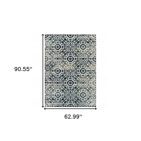 5' X 8' Navy And Ivory Geometric Power Loom Stain Resistant Area Rug