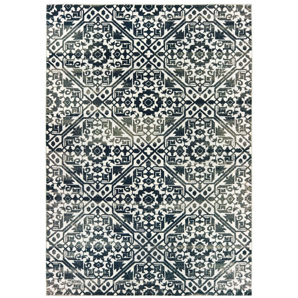 8' X 11' Navy And Ivory Geometric Power Loom Stain Resistant Area Rug