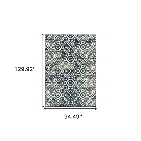 8' X 11' Navy And Ivory Geometric Power Loom Stain Resistant Area Rug