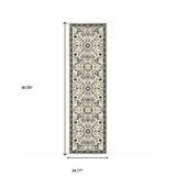 2' X 8' Ivory Navy And Gold Oriental Power Loom Stain Resistant Runner Rug