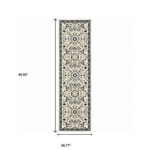 2' X 8' Ivory Navy And Gold Oriental Power Loom Stain Resistant Runner Rug