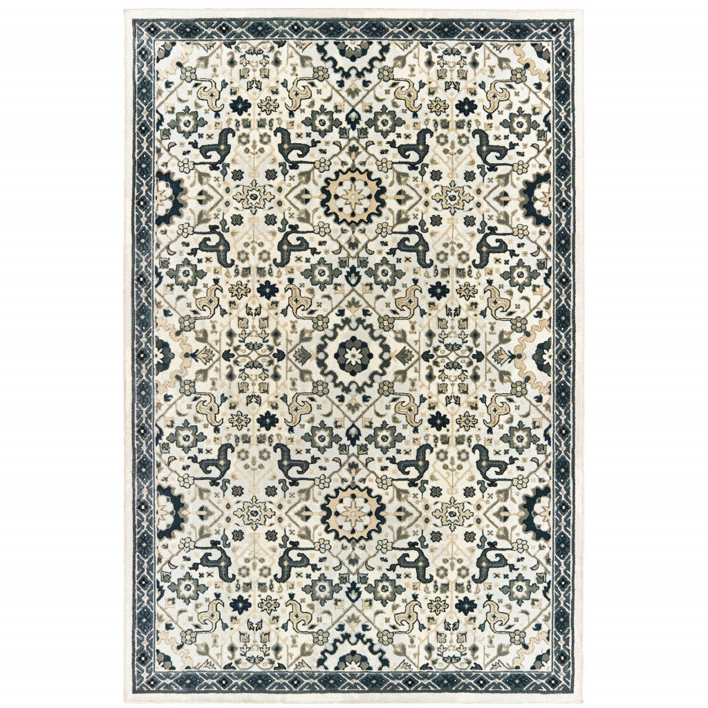 4' X 6' Ivory Navy And Gold Oriental Power Loom Stain Resistant Area Rug