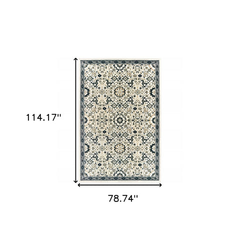 6' X 9' Ivory Navy And Gold Oriental Power Loom Stain Resistant Area Rug