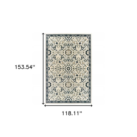 10' X 13' Ivory Navy And Gold Oriental Power Loom Stain Resistant Area Rug