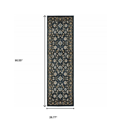 2' X 8' Navy Caramel And Ivory Oriental Power Loom Stain Resistant Runner Rug