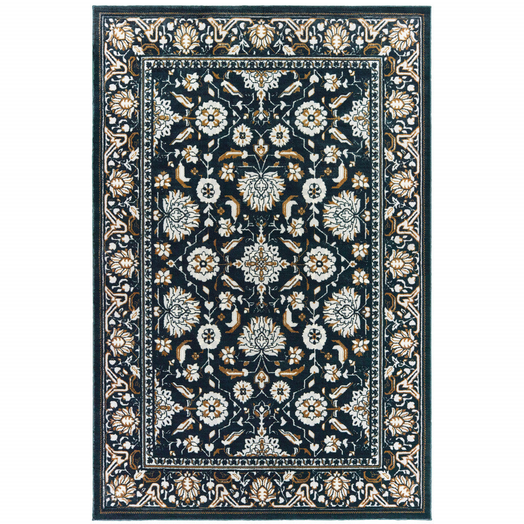 4' X 6' Navy Caramel And Ivory Oriental Power Loom Stain Resistant Area Rug