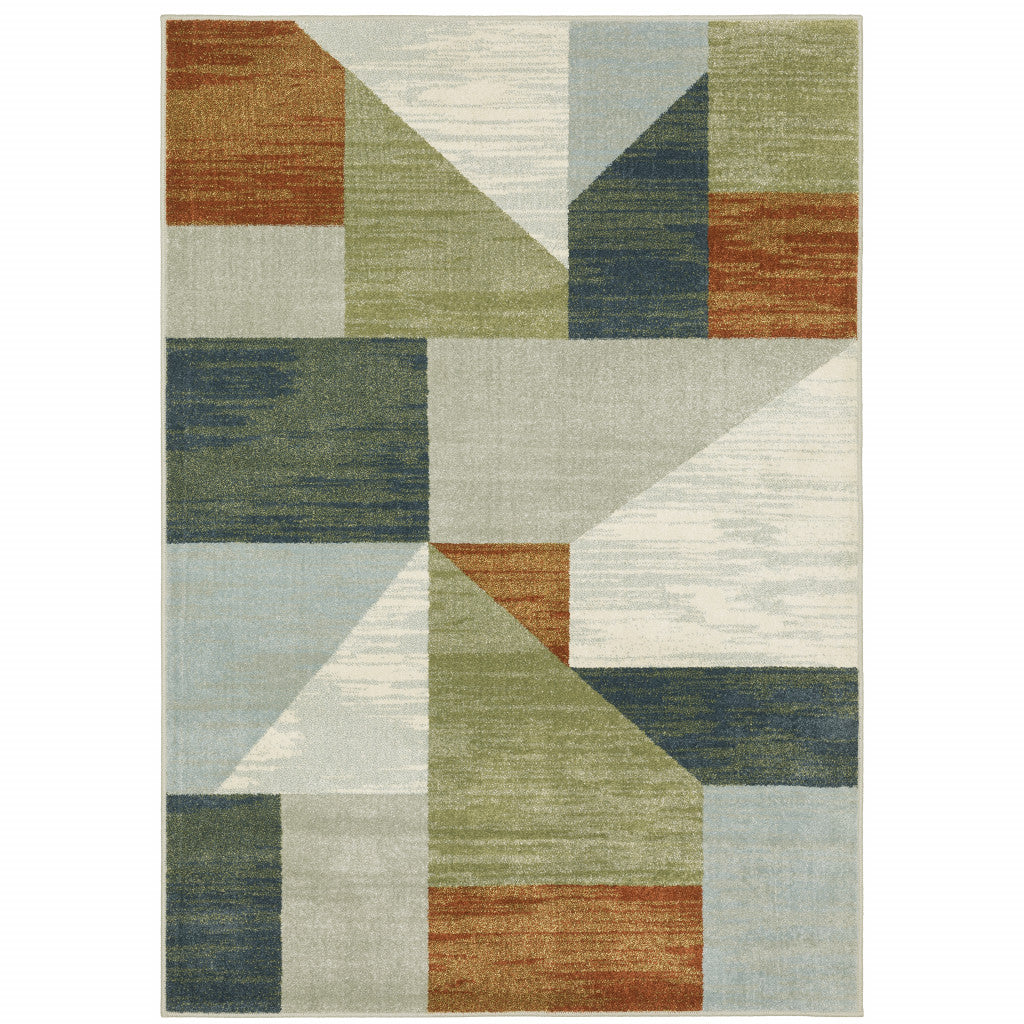 6' X 9' Grey Teal Blue Rust Green And Ivory Geometric Power Loom Stain Resistant Area Rug