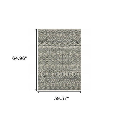 3' X 5' Blue And Beige Geometric Power Loom Stain Resistant Area Rug