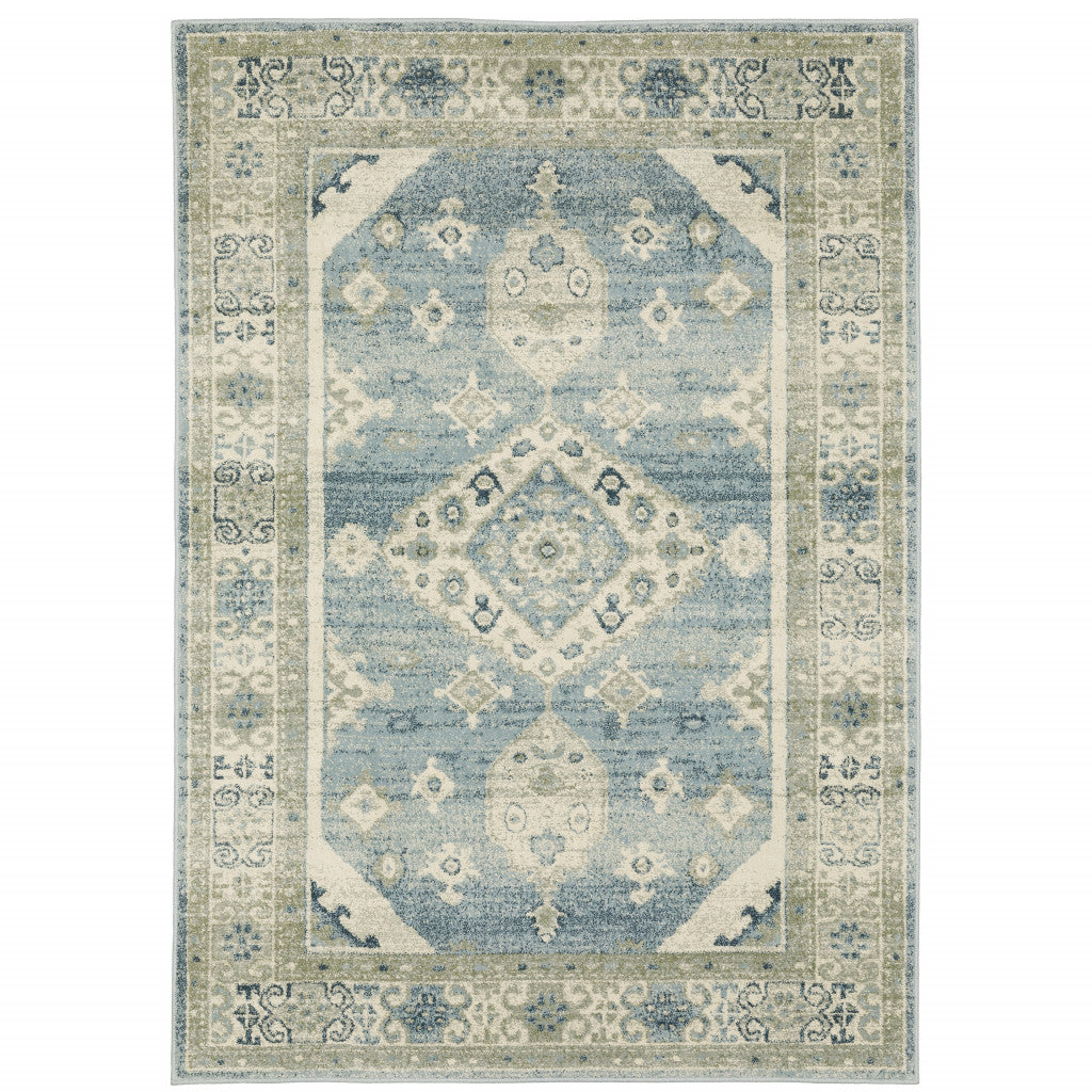 6' X 9' Blue Grey Beige And Teal Oriental Power Loom Stain Resistant Area Rug