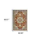 5' X 7' Rust Beige Teal Blue And Gold Oriental Power Loom Stain Resistant Area Rug