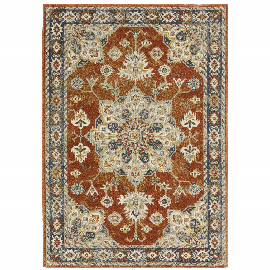 6' X 9' Rust Beige Teal Blue And Gold Oriental Power Loom Stain Resistant Area Rug