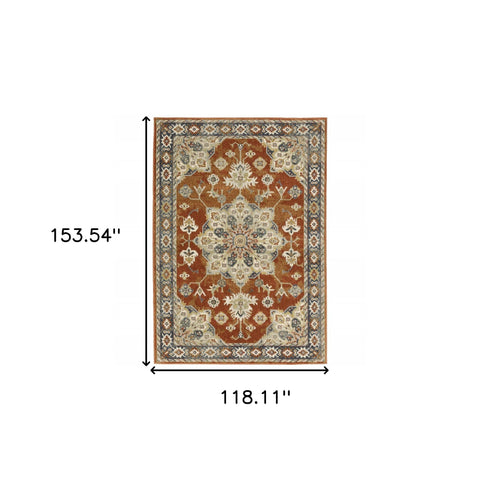 10' X 13' Rust Beige Teal Blue And Gold Oriental Power Loom Stain Resistant Area Rug